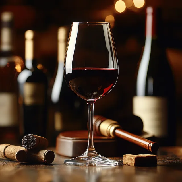 A glass of red wine sits on a wooden table surrounded by wine bottles and corks, illuminated by warm bokeh lights.