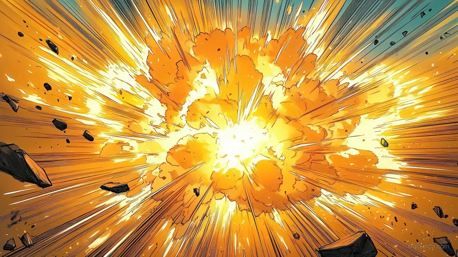 Orange and yellow explosion flare blasts outward with burning debris and radiating shockwave lines.