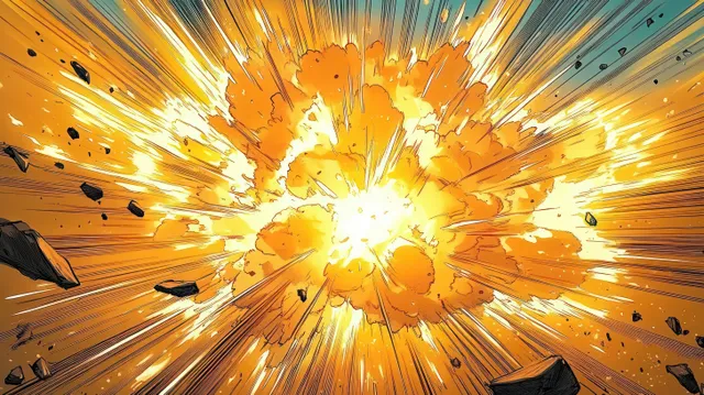 Fiery explosion erupts with orange-yellow flames, debris, and radiating shockwave lines