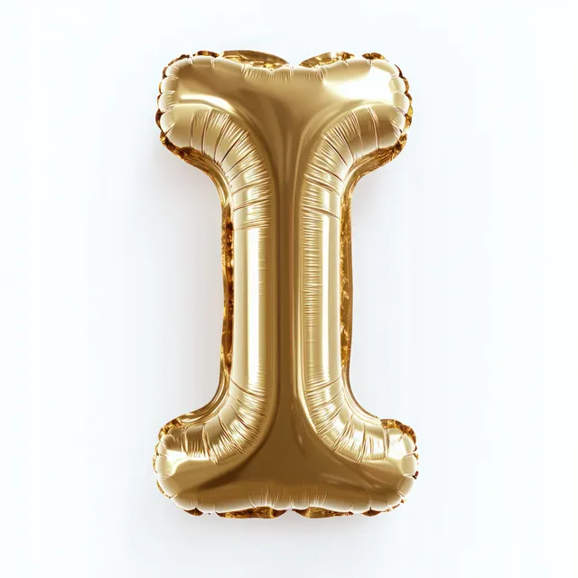 Shiny gold foil letter I balloon floating on a plain white background with soft shadows.