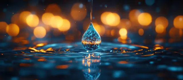 A glowing blue digital water droplet hangs above rippling water with warm orange bokeh lights in the background.
