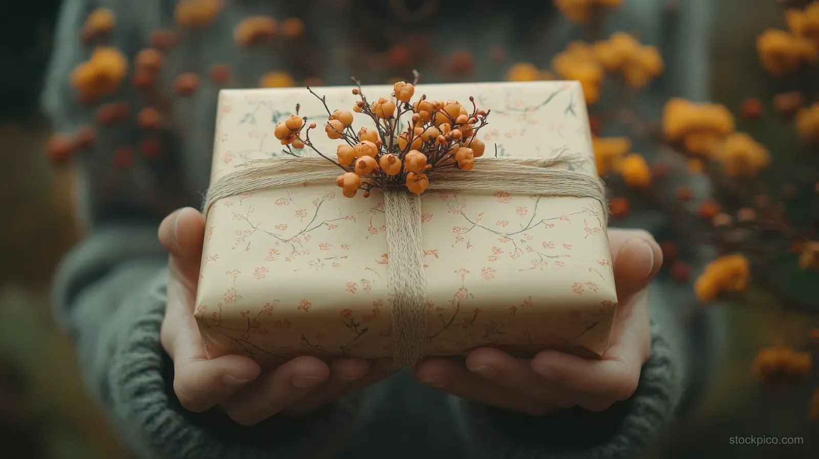Hands hold a pastel wrapped gift box decorated with dried flowers against a softly blurred autumn background.