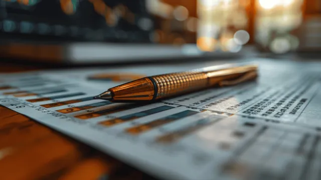 Gold pen resting on printed financial charts beside a laptop in an office