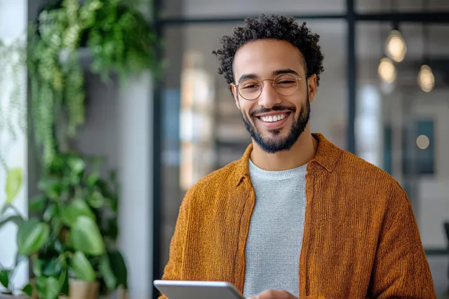 Smiling young man with glasses holds a tablet in a modern office with green plants behind him.