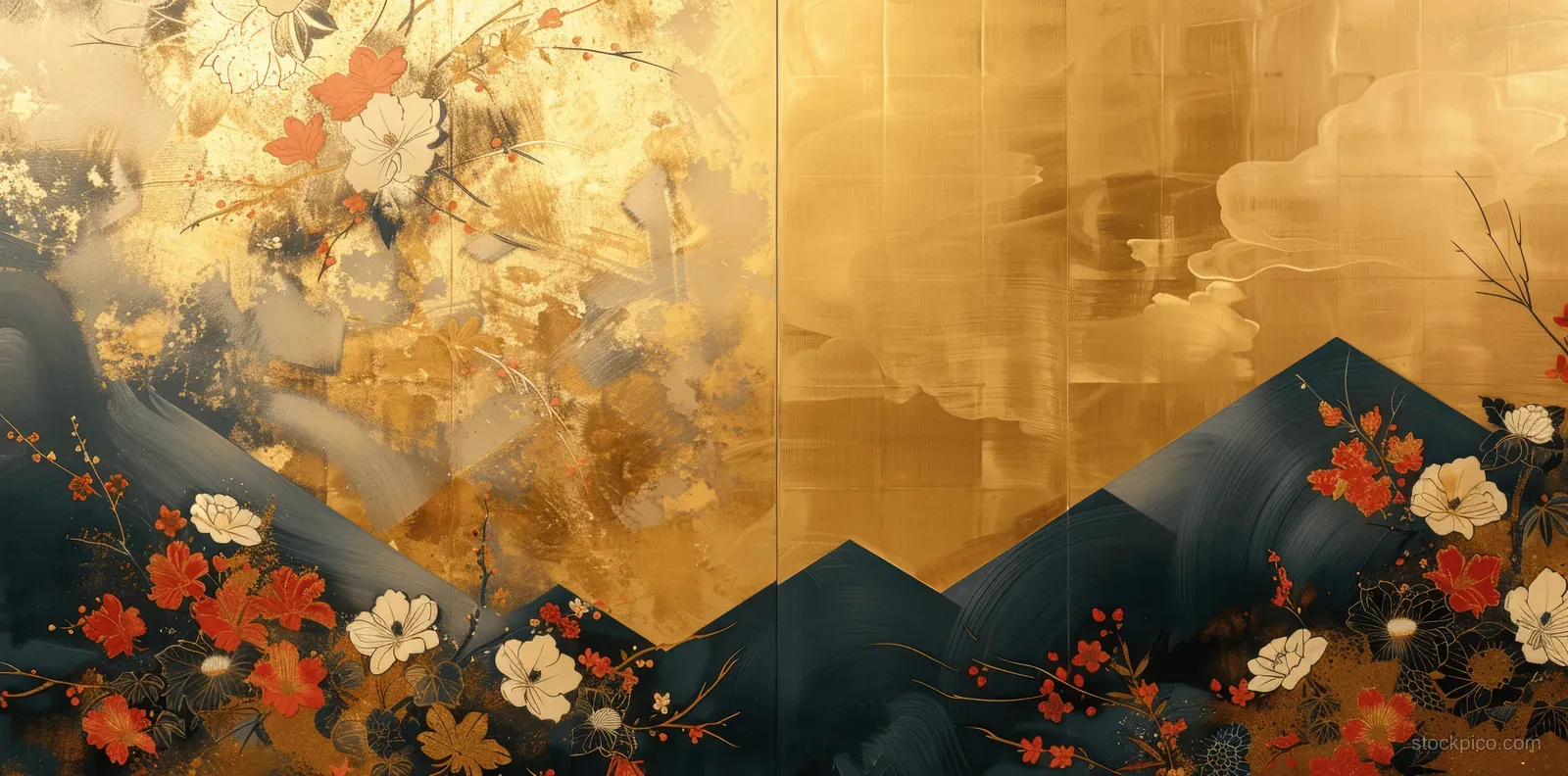 Golden Japanese mountain scene with ink clouds, dark waves, and scattered red and white blossoms.