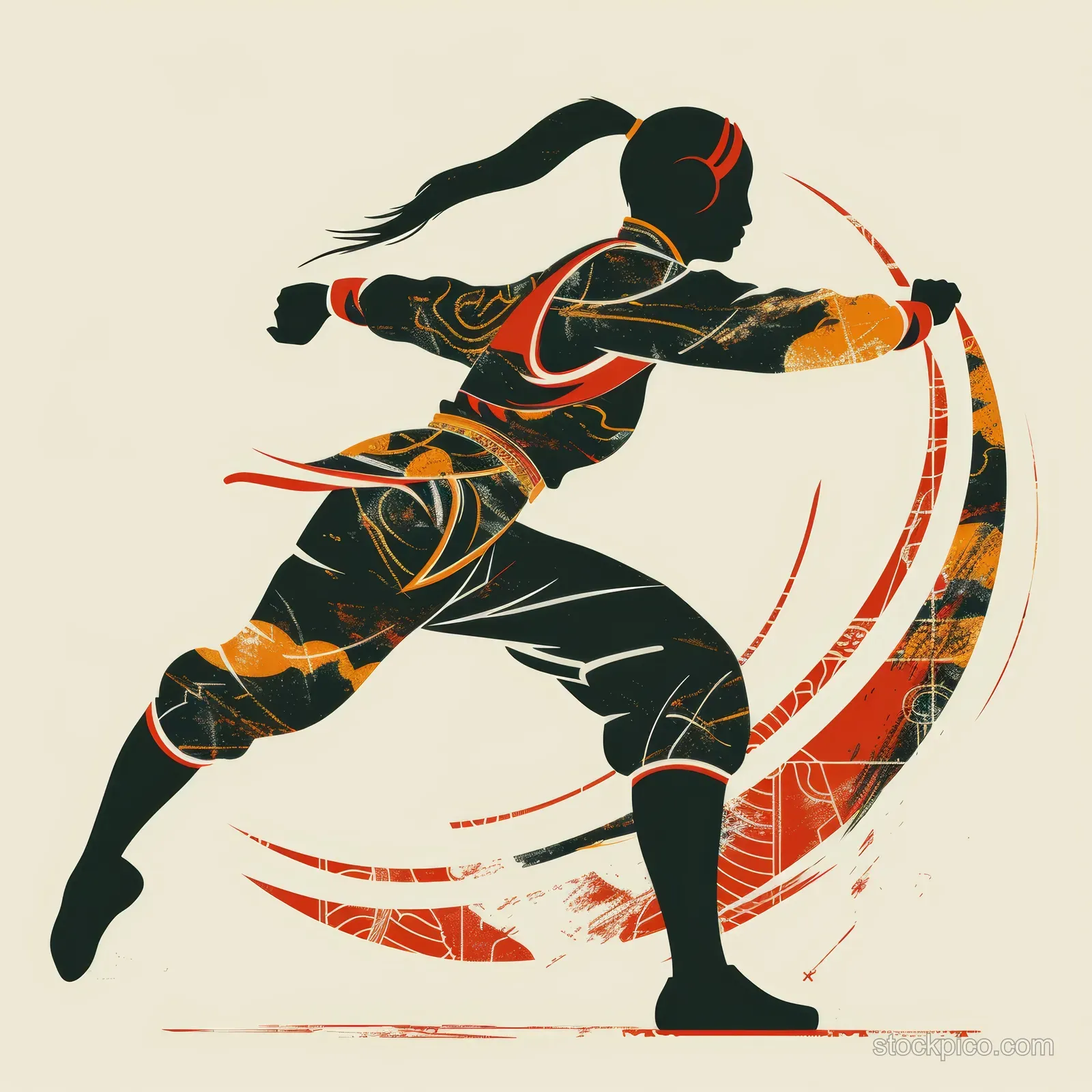 Silhouette of a Chinese wrestler mid-attack with orange and white circular motion lines in the background.