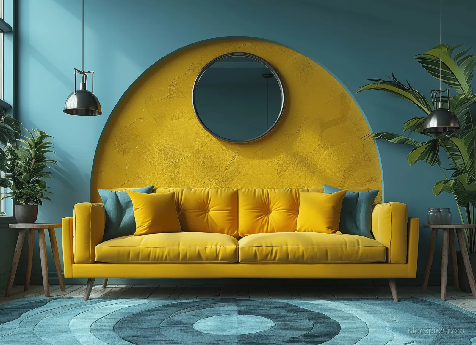 Retro yellow sofa centered in a minimalist room with a large circular mural on the blue wall and pendant lights above.