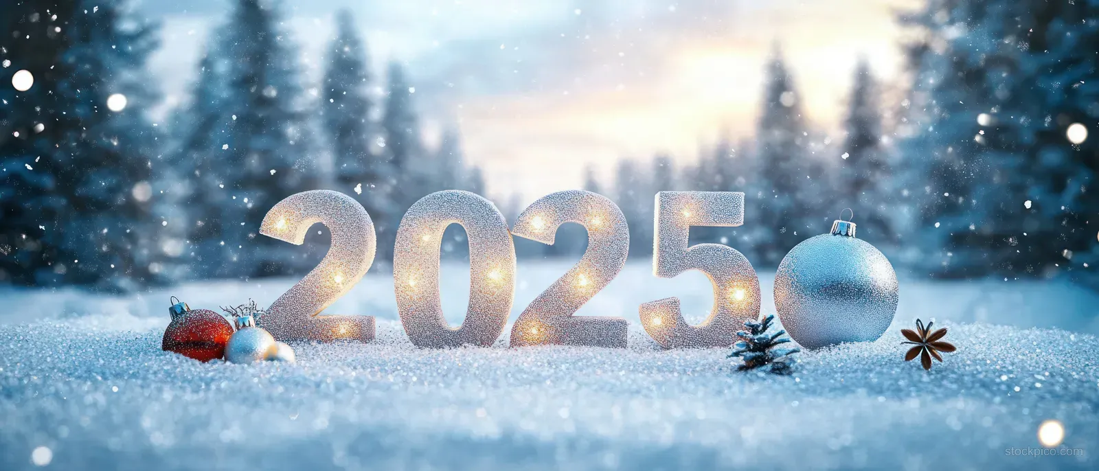 Glowing 2025 ornaments on snow with blue Christmas balls and softly lit fir trees in winter dusk light.