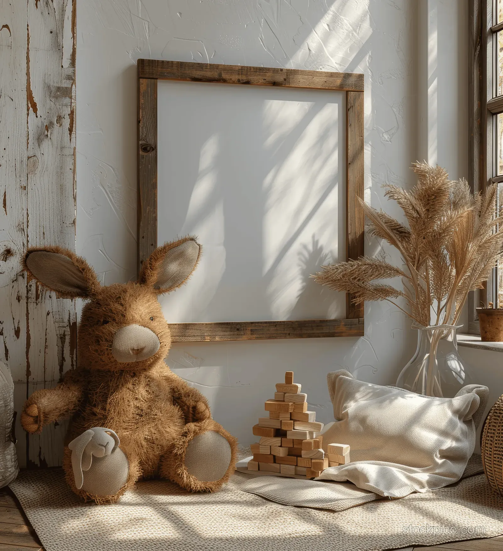 Soft toy rabbit placed on a blanket next to a wooden picture frame with sunlight shadows.