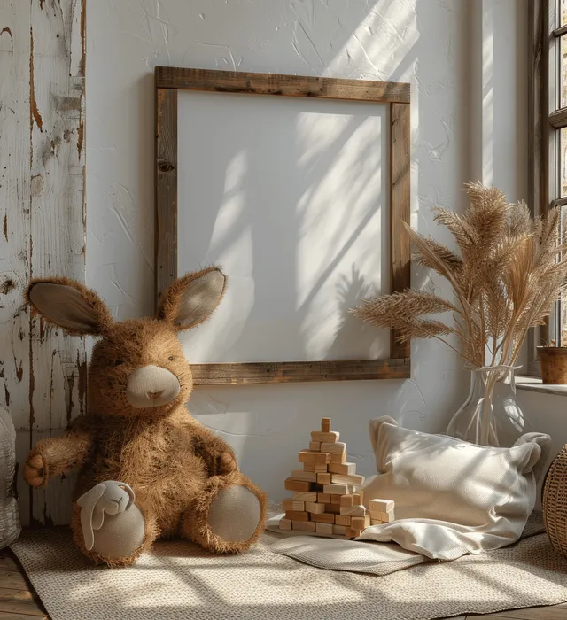 Soft toy rabbit placed on a blanket next to a wooden picture frame with sunlight shadows.