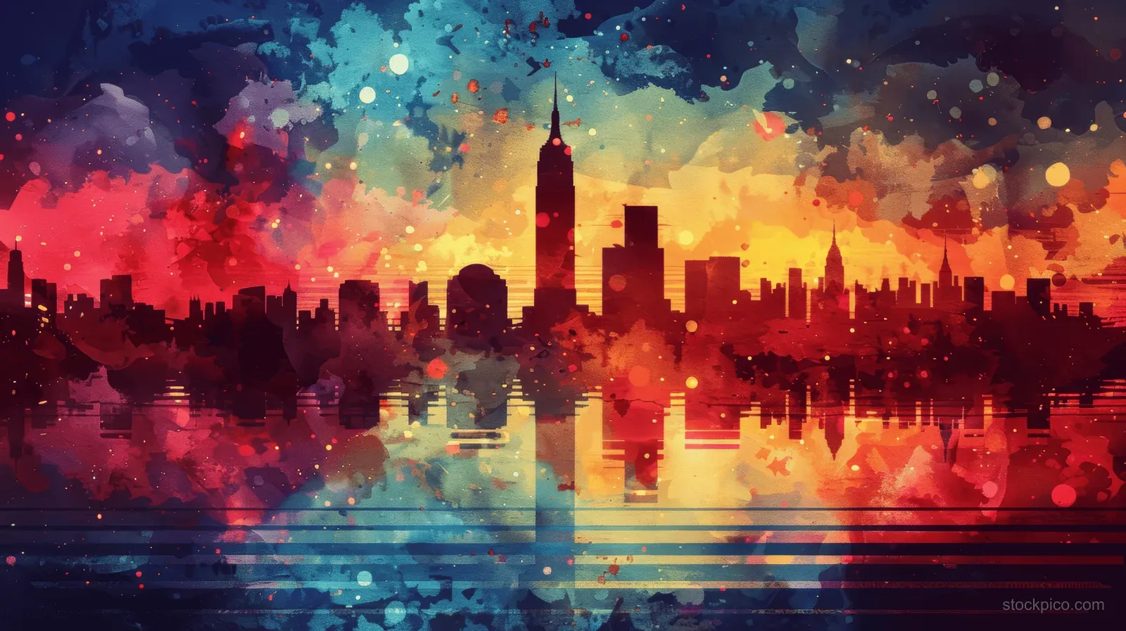 An American flag memorial illustration shows Twin Towers silhouettes with glowing sun rays over a reflective city skyline.