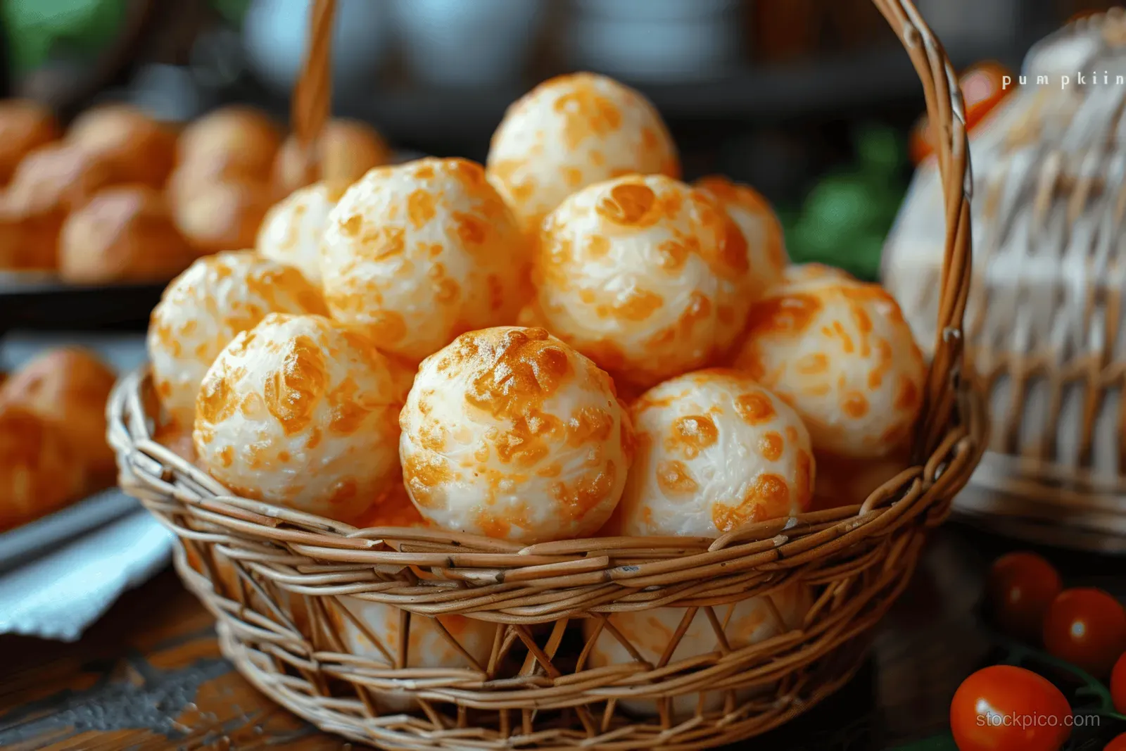 Brazilian cheese balls sit in a wicker basket on a wooden table with small tomatoes nearby.