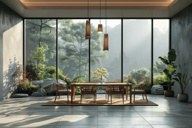Minimalist dining set in front of floor-to-ceiling windows overlooking lush green trees with indoor potted plants.