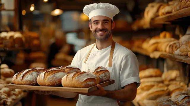 Smiling baker holds a wooden tray with fresh artisan loaves while standing in a cozy bakery with bread shelves.
