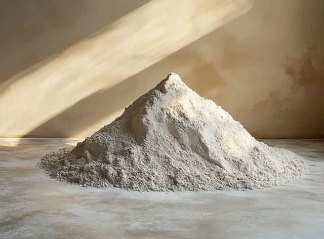 A mound of gray fine powder lies on a concrete floor beneath soft light in a minimal indoor setting.