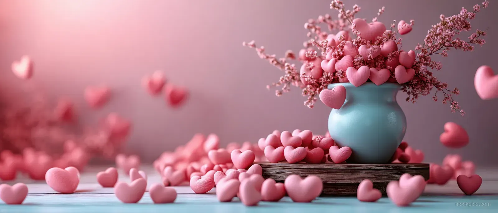 Light blue vase filled with pink heart-shaped pieces and small pink flowers with scattered hearts on wood.