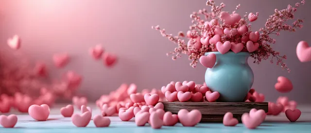 Light blue vase filled with pink heart-shaped pieces and small pink flowers with scattered hearts on wood.