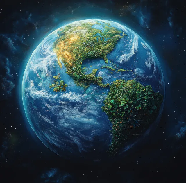 Earth globe view highlights South America with vibrant oceans, green continents, and glowing clouds against dark space.