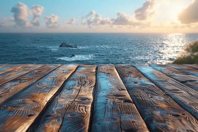 Weathered wooden planks in the foreground with an ocean horizon and sunrise sky behind them.
