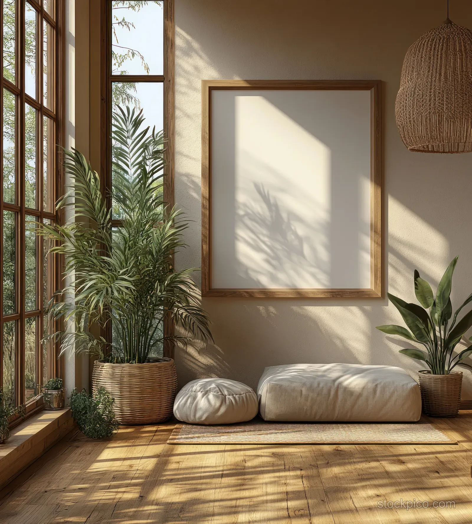 Empty picture frame hangs on a wooden wall beside a sunlit window, with potted plants and cushions on the floor.