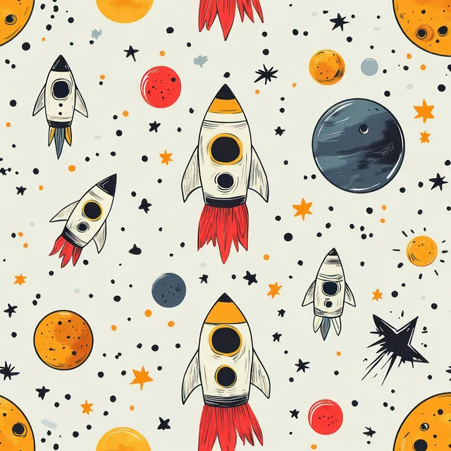 Hand-drawn rockets with flames fly across a starry background with planets and small orbit-like dots.