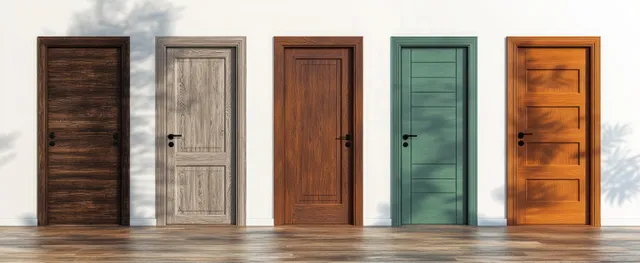 Five closed wooden doors in different colors stand in a row against a white wall with soft natural shadows.
