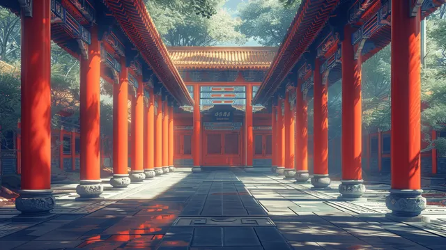 A long red-column temple corridor with a stone pathway and distant ornate gate framed by trees.