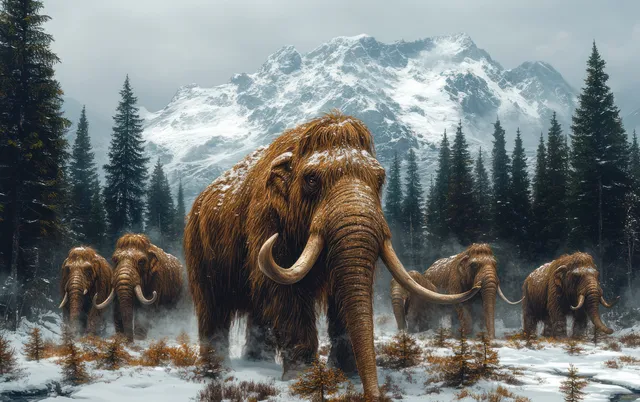 Woolly mammoths walk through snowy tundra as pine trees and snowcapped mountains fill the background.