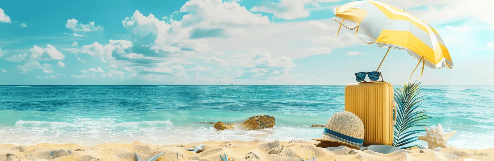 Yellow suitcase on sandy beach under a striped umbrella with sunglasses and a hat near turquoise ocean waves.