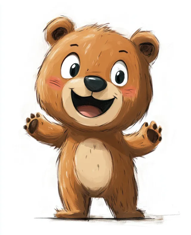 Smiling cartoon bear mascot costume character standing with paws raised on a white background.