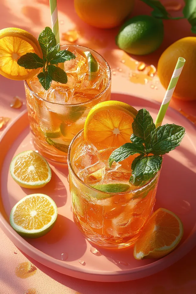 Iced citrus mocktails in glasses with orange slices, mint garnish on a round tray