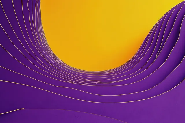 Layered purple curved lines form a wave-like abstract architectural structure on a bright yellow background.