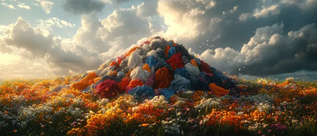 Colorful pile of clothes stacked in an autumn field under dramatic cloudy sky