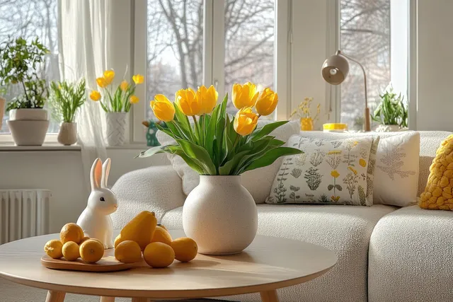 Sunlit living room with tulip vase on coffee table and Easter bunny figurines beside a cozy sofa.
