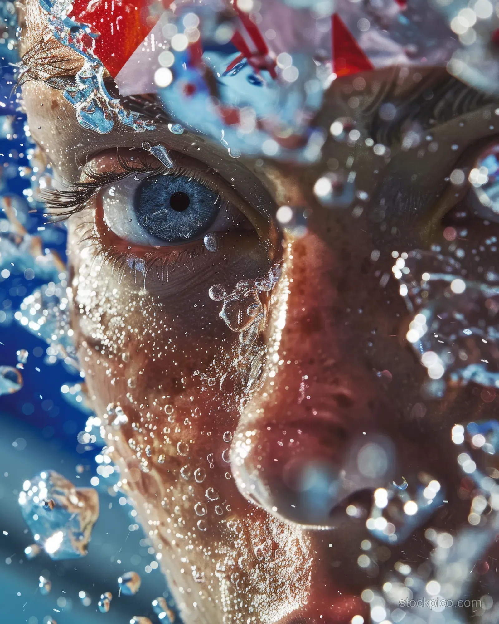 British female swimmer’s intense underwater close-up with wide eyes and splashing water droplets during a butterfly event.