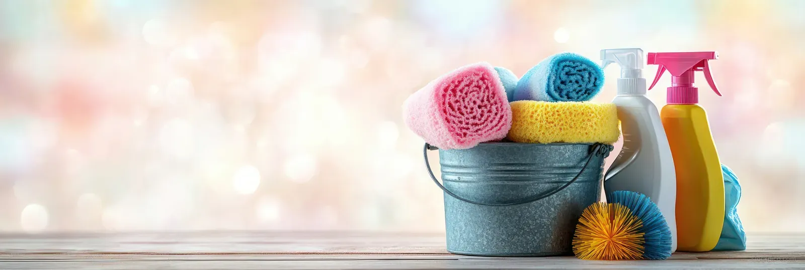 A blue bucket with colorful sponges and cloths sits next to spray bottles on a wooden table.