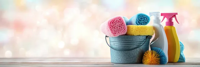 A blue bucket with colorful sponges and cloths sits next to spray bottles on a wooden table.