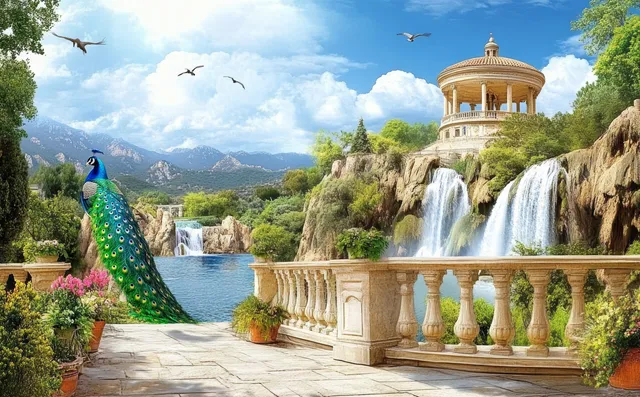 Peacock on a stone terrace beside an ornate gazebo railing with a cascading waterfall and mountains in the distance.