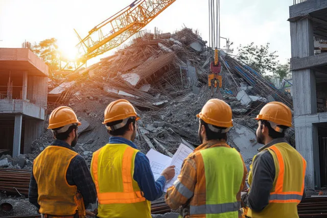 Four construction workers in helmets and reflective vests examine blueprints beside collapsed concrete and steel rubble at sunset.
