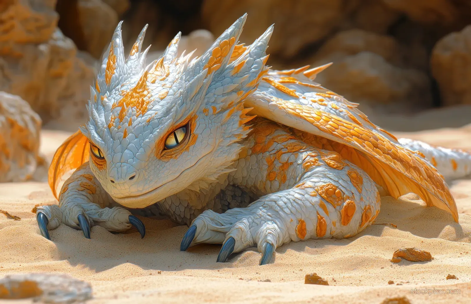 Icy dragon creature crouches on sandy desert ground with glowing orange eyes and light patterns on its scales.