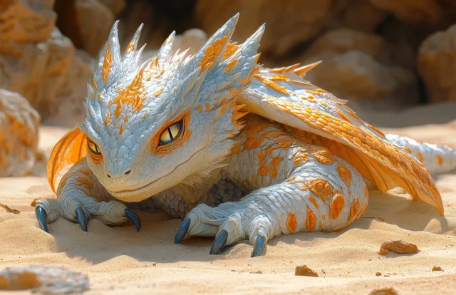 Criatura dragón gélido agazapada sobre arena del desierto con brillantes ojos naranjas y patrones de luz en sus escamas.