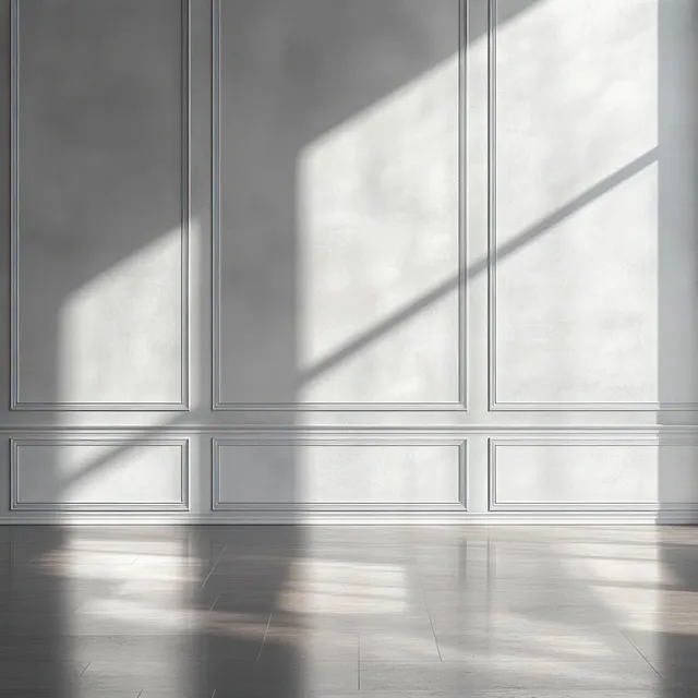 Empty room with ornate white paneled walls and wooden floor, lit by geometric sunlight casting soft shadows.