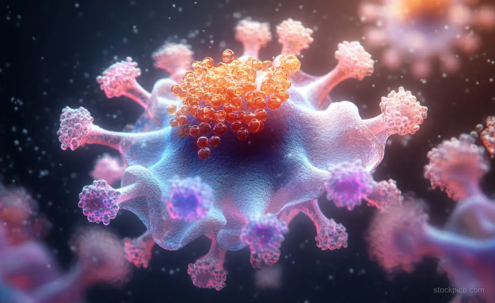 A glowing 3D virus sphere is encircled by antibodies in a microscopic immune defense scene.