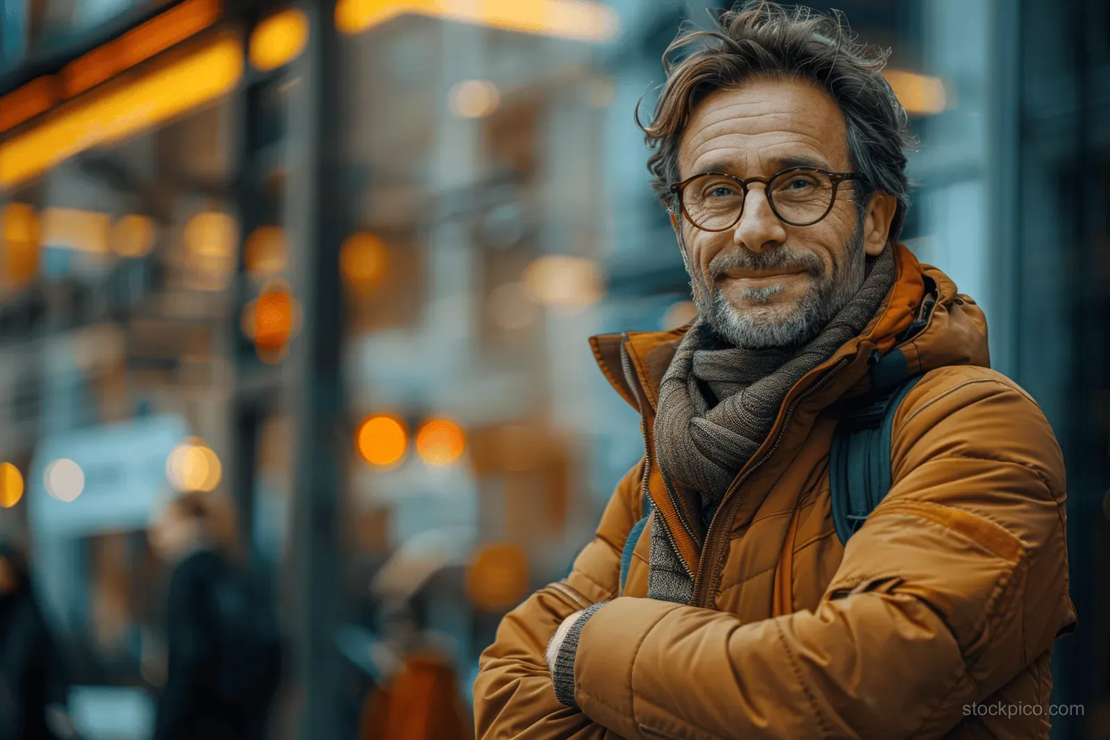 A smiling man with glasses in a brown jacket stands with arms crossed before a glass building at dusk.