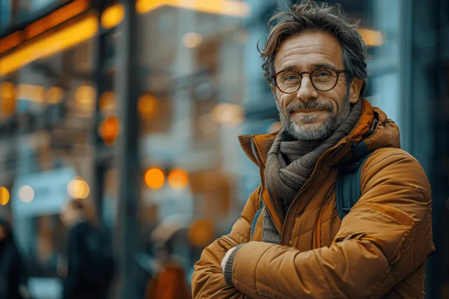 A smiling man with glasses in a brown jacket stands with arms crossed before a glass building at dusk.