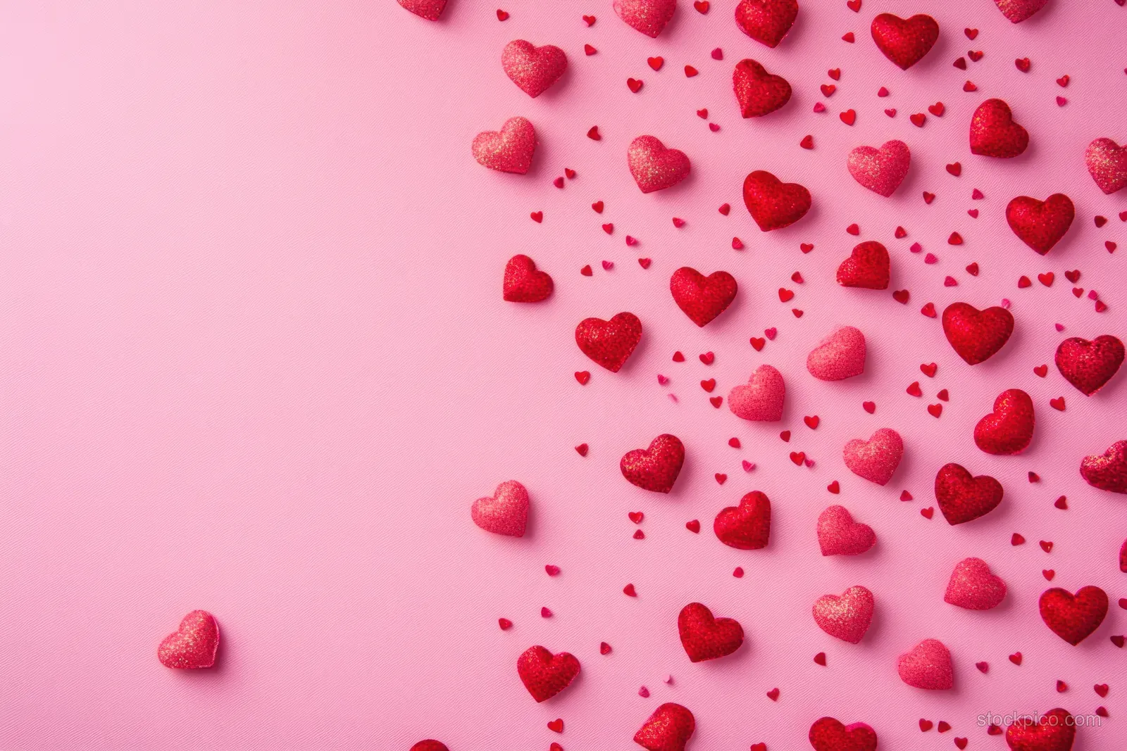 Red heart-shaped confetti scattered on a pink background with empty space for text.