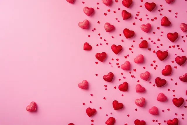 Red heart confetti scattered across pink background for Valentine celebration banner