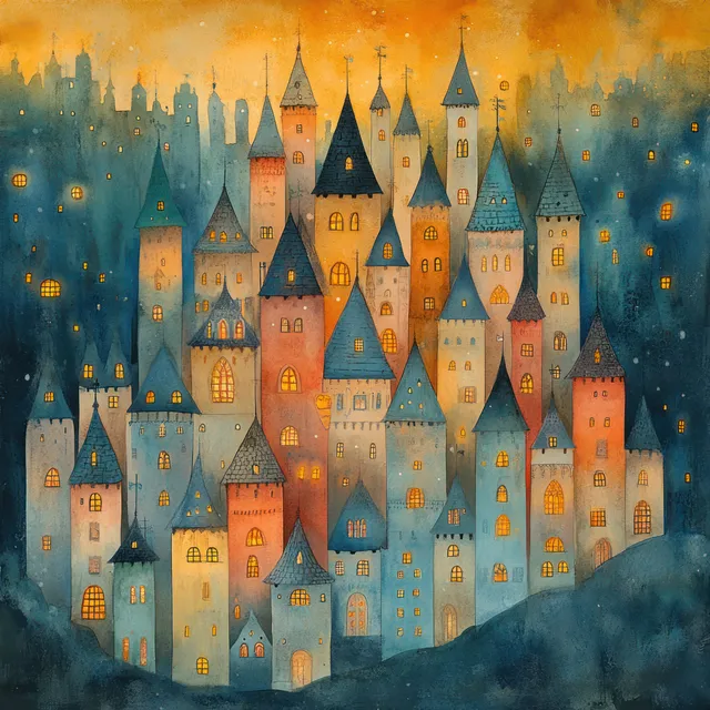 Pastel watercolor illustration of a medieval castle with multiple towers and glowing windows at dusk.