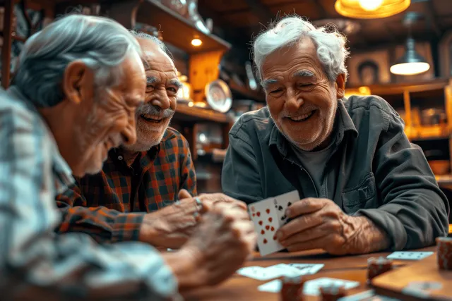 Elderly Men Laughing Over Cards at a Cozy Wooden Table