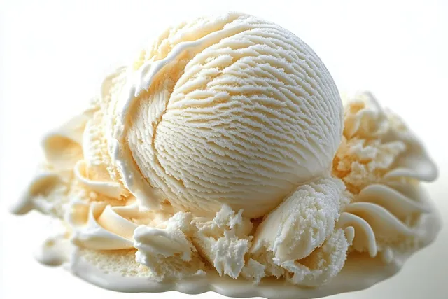 Creamy vanilla ice cream scoop with ridged texture on white background with Food Close Up